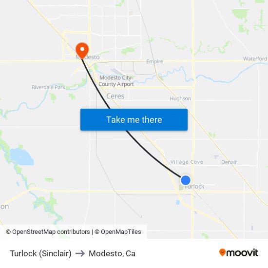 Turlock (Sinclair) to Modesto, Ca map