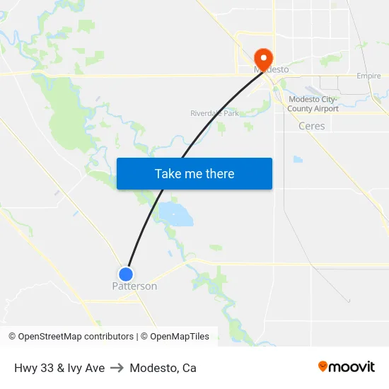 Hwy 33 & Ivy Ave to Modesto, Ca map