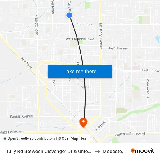 Tully Rd Between Clevenger Dr & Union Av to Modesto, Ca map