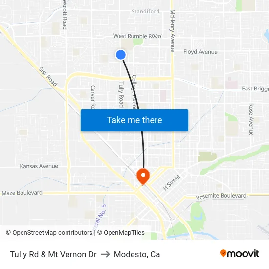 Tully Rd & Mt Vernon Dr to Modesto, Ca map