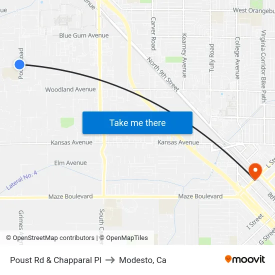 Poust Rd & Chapparal Pl to Modesto, Ca map
