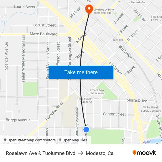 Roselawn Ave & Tuolumne Blvd to Modesto, Ca map