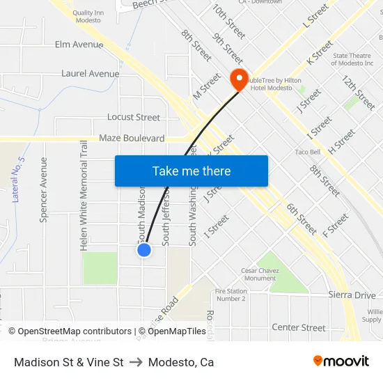 Madison St & Vine St to Modesto, Ca map