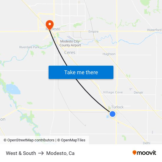 West & South to Modesto, Ca map