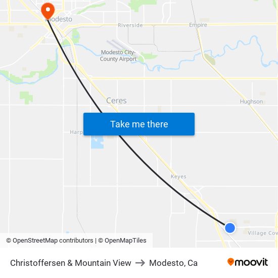 Christoffersen & Mountain View to Modesto, Ca map