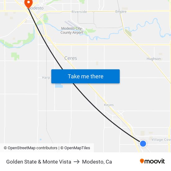 Golden State & Monte Vista to Modesto, Ca map
