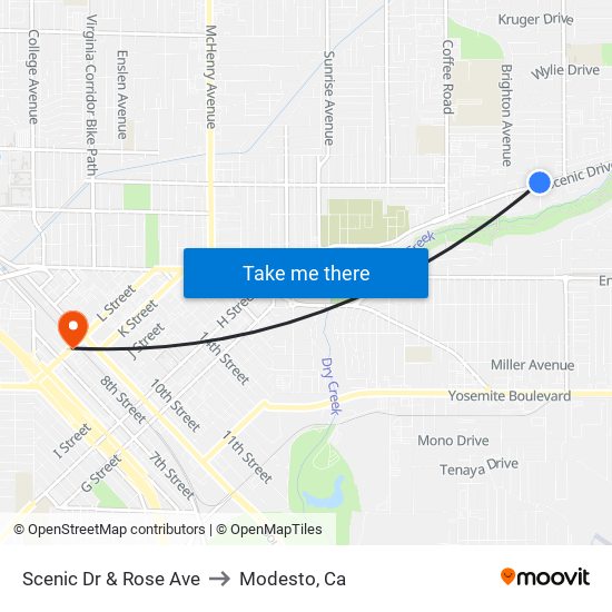 Scenic Dr & Rose Ave to Modesto, Ca map