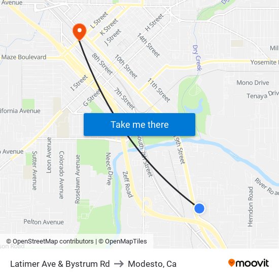 Latimer Ave & Bystrum Rd to Modesto, Ca map