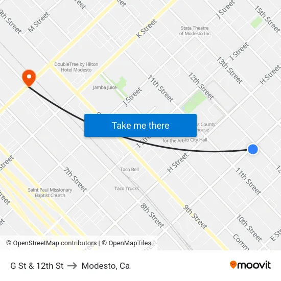 G St & 12th St to Modesto, Ca map