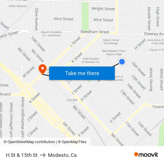 H St & 15th St to Modesto, Ca map