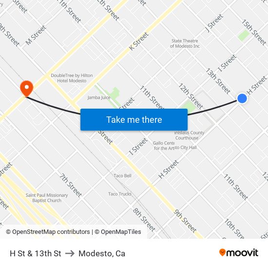 H St & 13th St to Modesto, Ca map