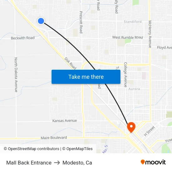 Mall Back Entrance to Modesto, Ca map