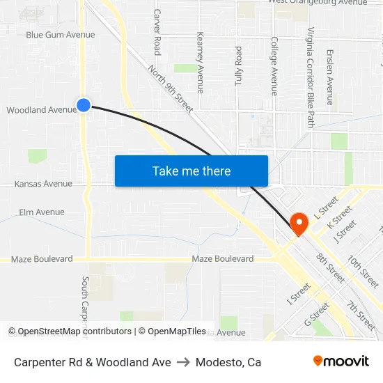Carpenter Rd & Woodland Ave to Modesto, Ca map