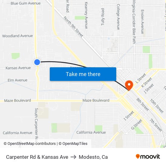 Carpenter Rd & Kansas Ave to Modesto, Ca map