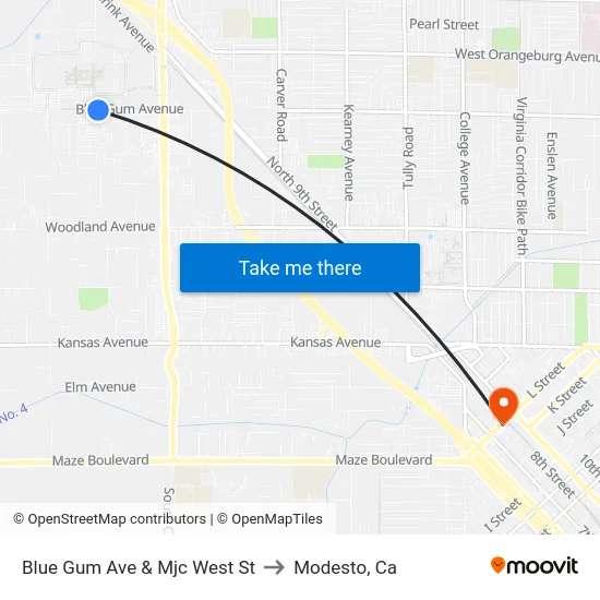 Blue Gum Ave & Mjc West St to Modesto, Ca map