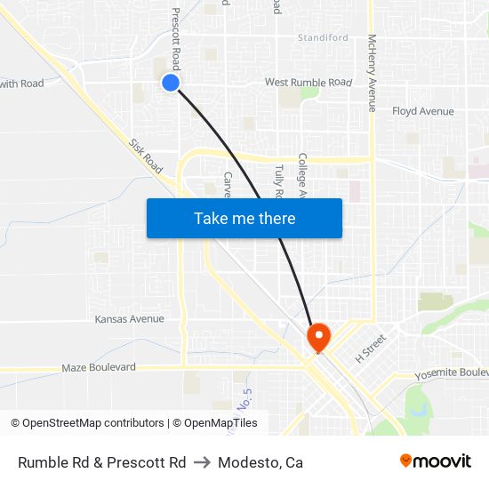 Rumble Rd & Prescott Rd to Modesto, Ca map