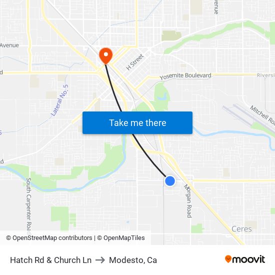 Hatch Rd & Church Ln to Modesto, Ca map