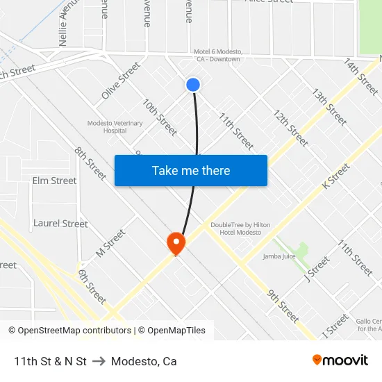 11th St & N St to Modesto, Ca map