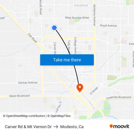 Carver Rd & Mt Vernon Dr to Modesto, Ca map