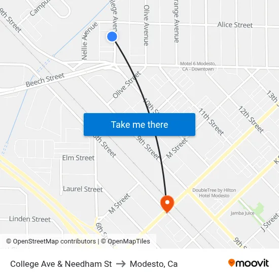 College Ave & Needham St to Modesto, Ca map