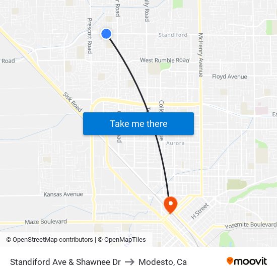 Standiford Ave & Shawnee Dr to Modesto, Ca map