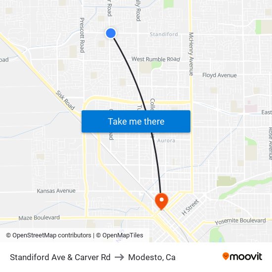 Standiford Ave & Carver Rd to Modesto, Ca map