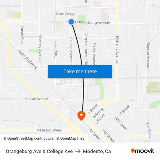 Orangeburg Ave & College Ave to Modesto, Ca map