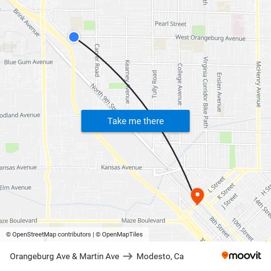 Orangeburg Ave & Martin Ave to Modesto, Ca map