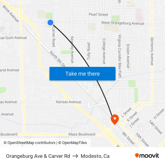 Orangeburg Ave & Carver Rd to Modesto, Ca map