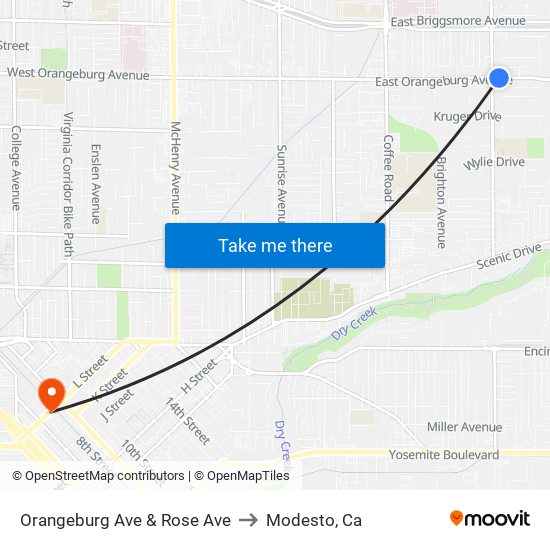 Orangeburg Ave & Rose Ave to Modesto, Ca map