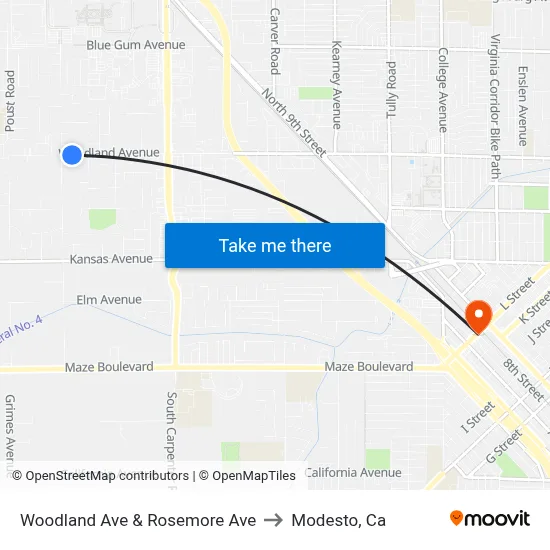 Woodland Ave & Rosemore Ave to Modesto, Ca map