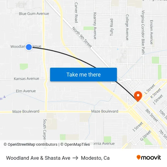 Woodland Ave & Shasta Ave to Modesto, Ca map