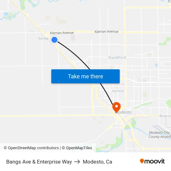 Bangs Ave & Enterprise Way to Modesto, Ca map