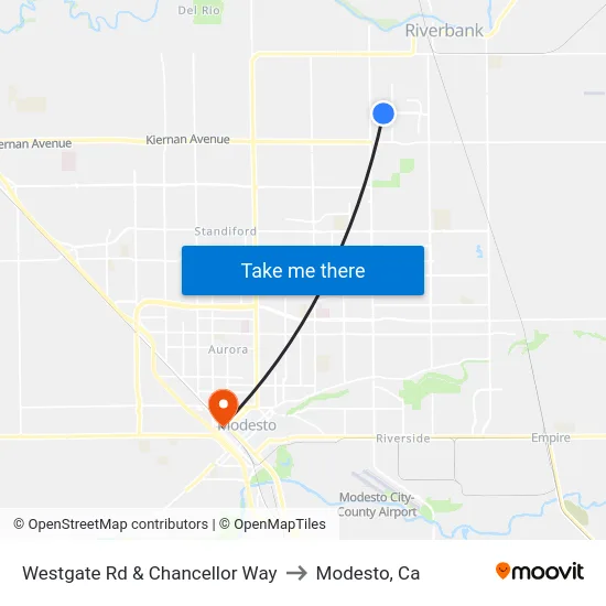 Westgate Rd & Chancellor Way to Modesto, Ca map