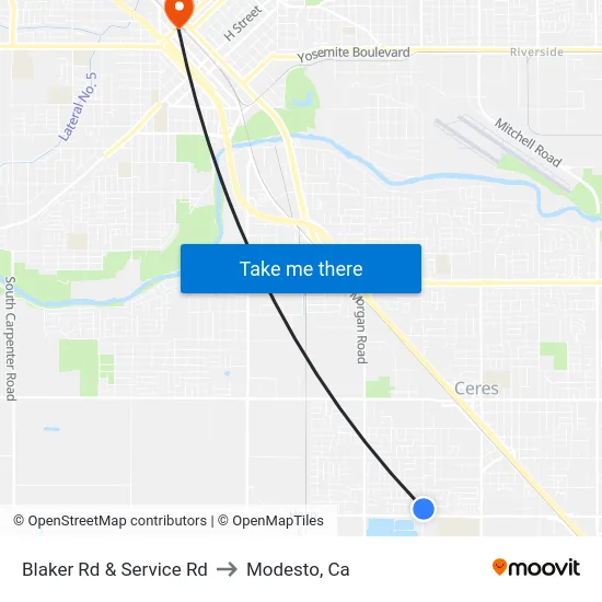 Blaker Rd & Service Rd to Modesto, Ca map