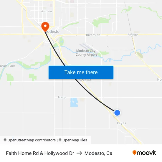 Faith Home Rd & Hollywood Dr to Modesto, Ca map