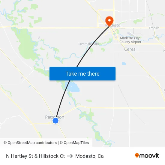 N Hartley St & Hillstock Ct to Modesto, Ca map