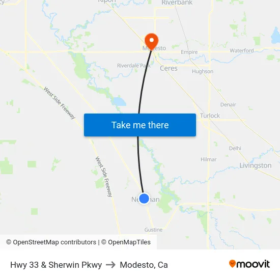 Hwy 33 & Sherwin Pkwy to Modesto, Ca map