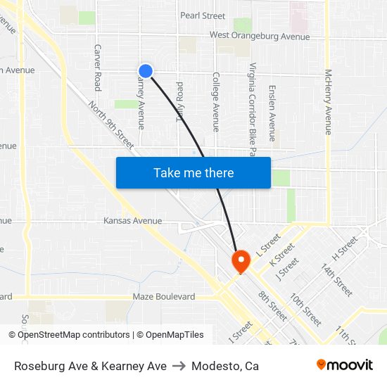 Roseburg Ave & Kearney Ave to Modesto, Ca map