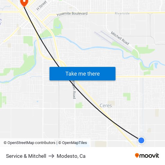 Service & Mitchell to Modesto, Ca map