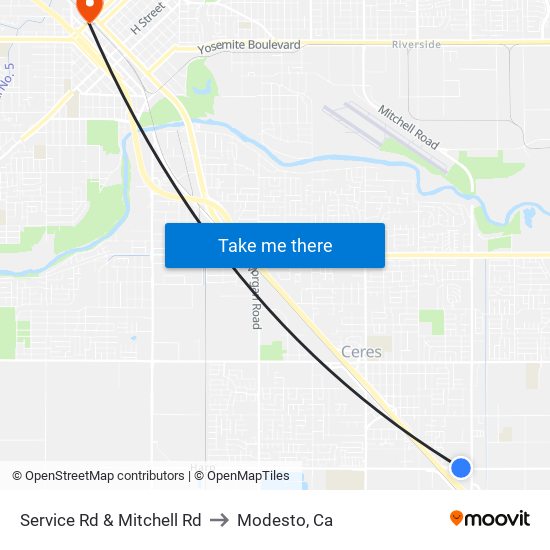 Service Rd & Mitchell Rd to Modesto, Ca map