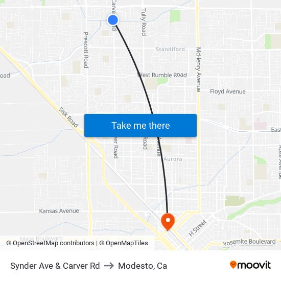 Synder Ave & Carver Rd to Modesto, Ca map