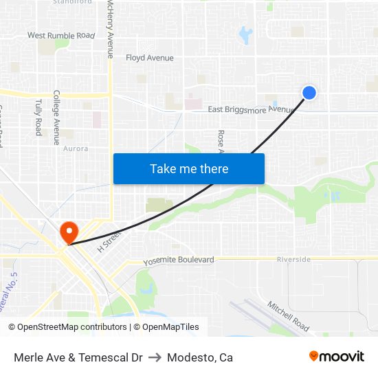 Merle Ave & Temescal Dr to Modesto, Ca map