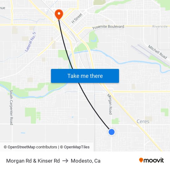 Morgan Rd & Kinser Rd to Modesto, Ca map