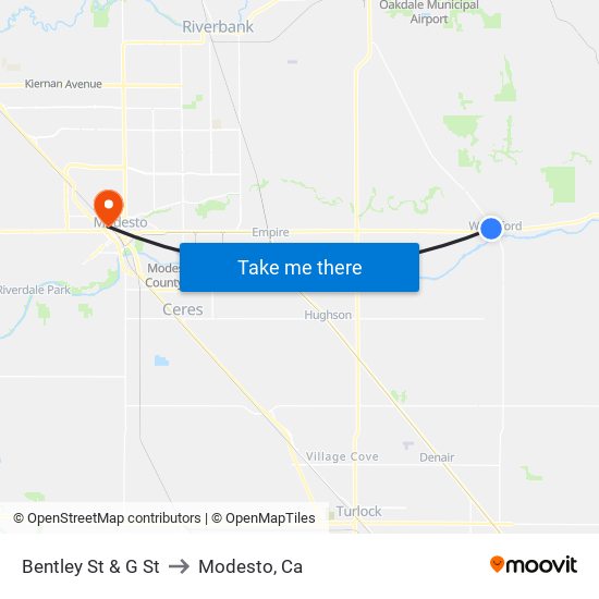 Bentley St & G St to Modesto, Ca map