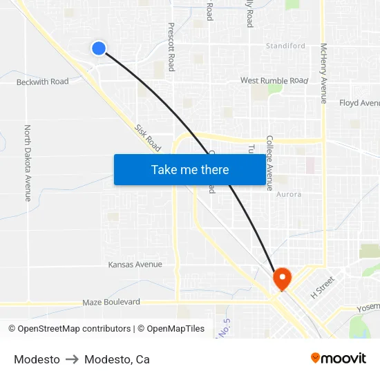 Modesto to Modesto, Ca map