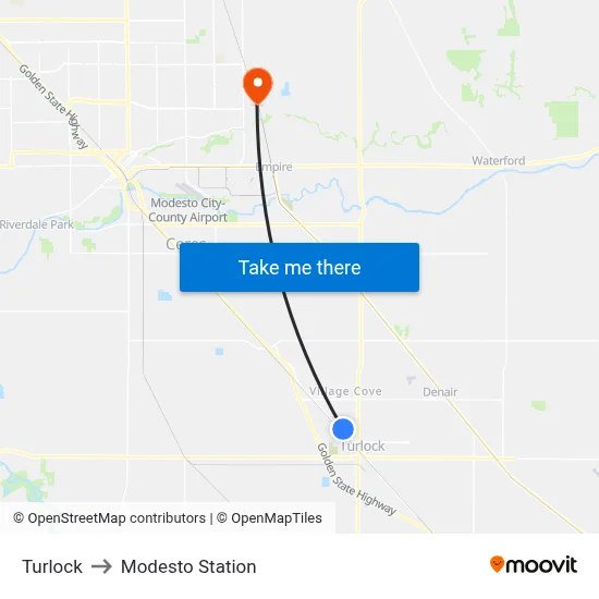 Turlock to Modesto Station map