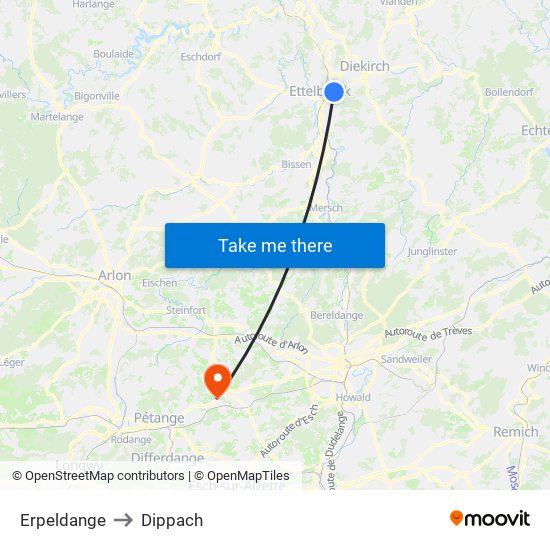 Erpeldange to Dippach map