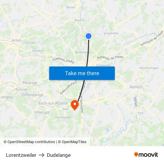 Lorentzweiler to Dudelange map