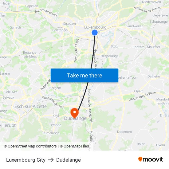 Luxembourg City to Dudelange map